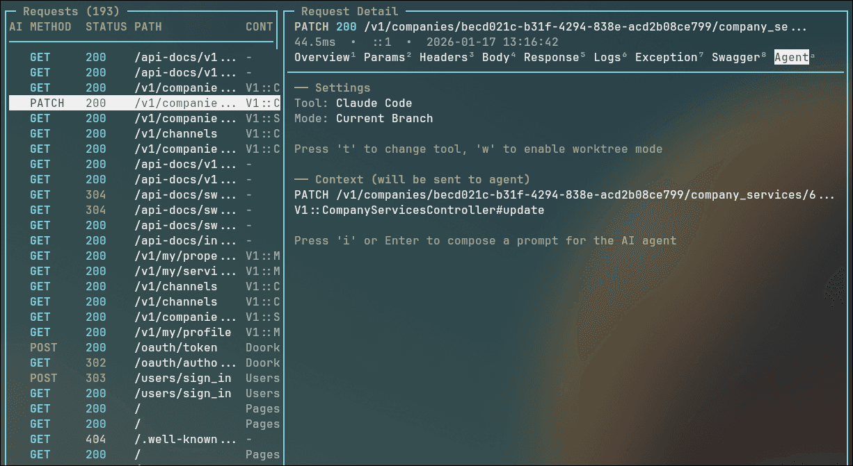 AI agent integration showing Claude Code launch from request context with settings and context preview