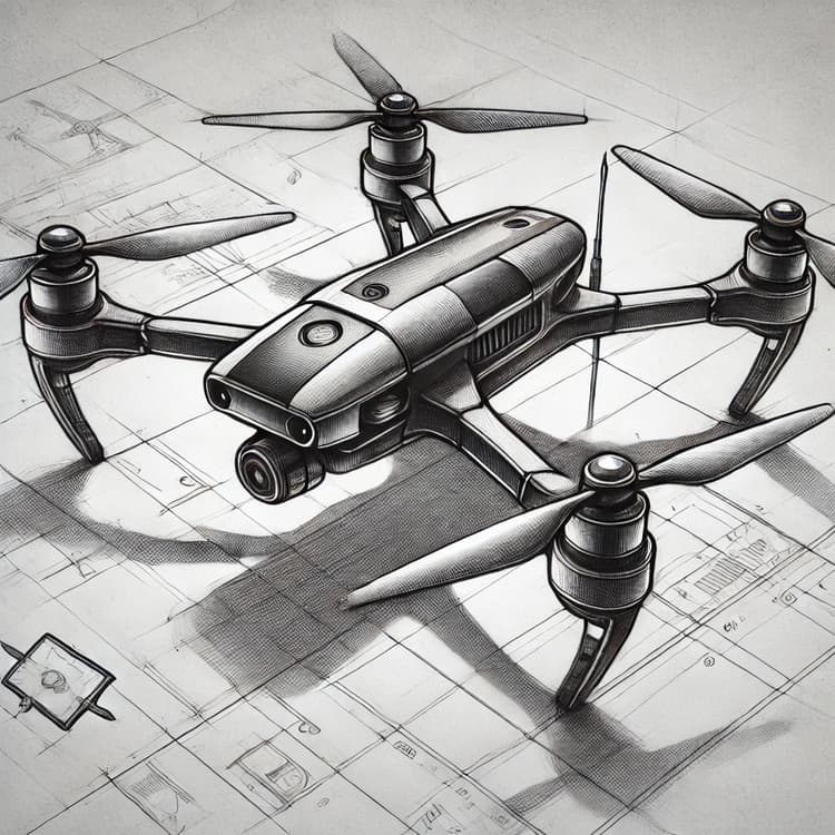 A pencil drawing of a drone on a set of blueprints
