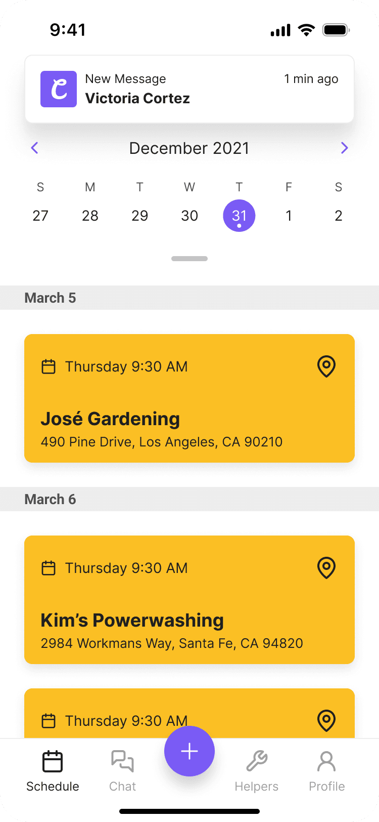 A screenshot of a mobile app for Chaz that includes a notification and scheduling.